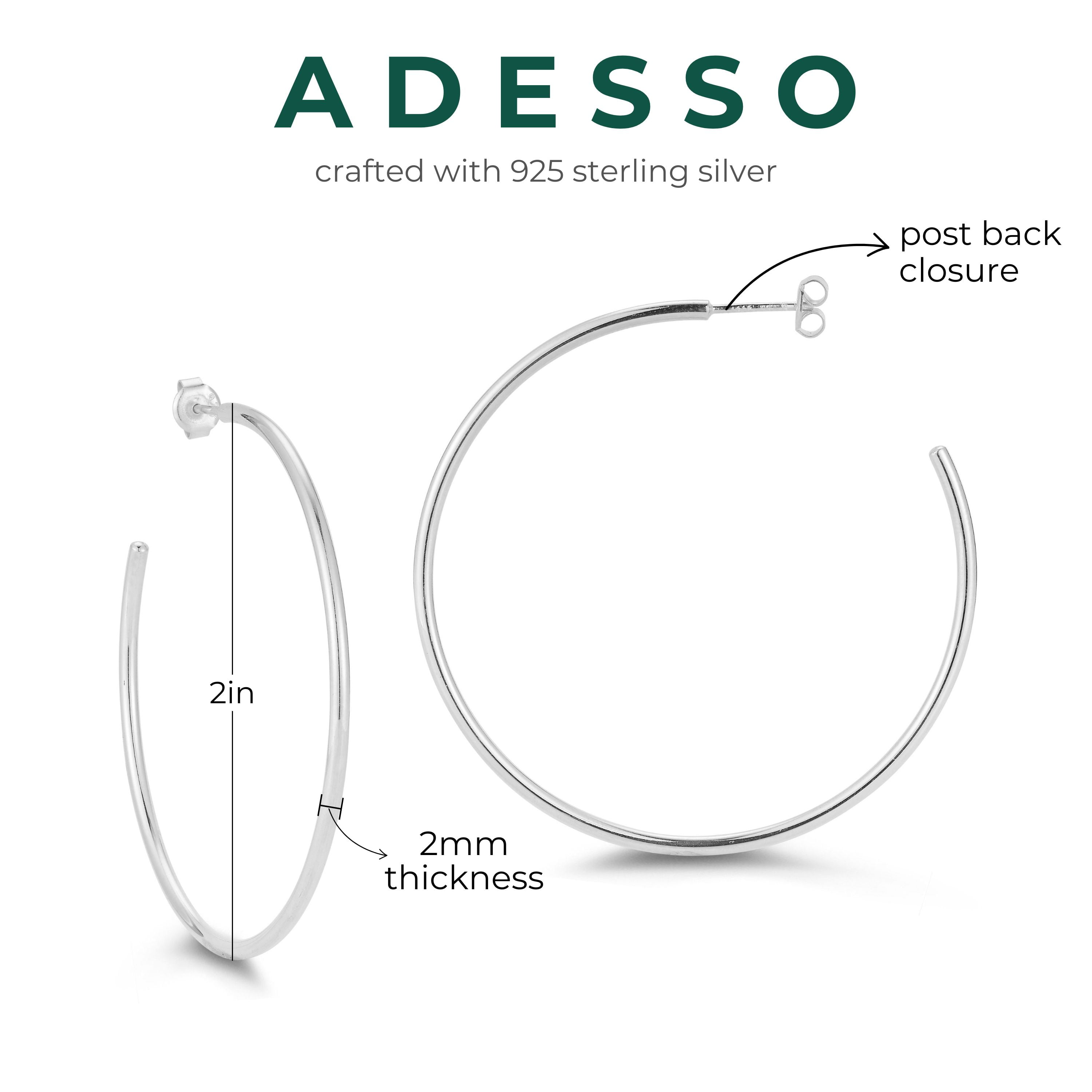 Adesso Milano Jewelry Sterling Silver 2mm Thin Tube Hoop Earrings for Women, 2" Diameter, Silver