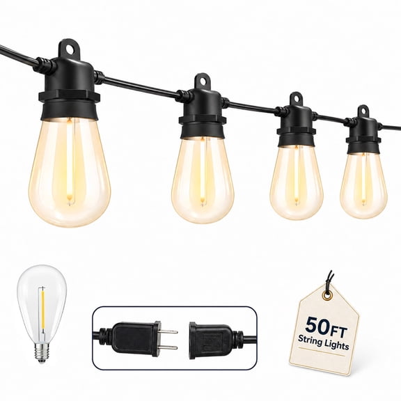 DAYBETTER Outdoor String Lights, 50FT Heavy-Duty Patio Lights with 15 LED Bulbs, Shatterproof & Waterproof, for Balcony, Deck, Garden Lights