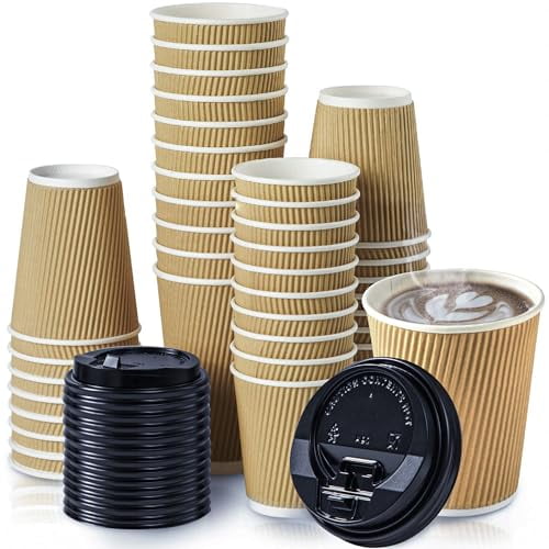 Fit Meal Prep 50 Pack 12 oz Insulated Ripple Triple Wall Paper Coffee Cups with Black Lids, Premium Disposable, Brown To Go Anti Slip for Hot Beverage, Christmas, Travel, Office