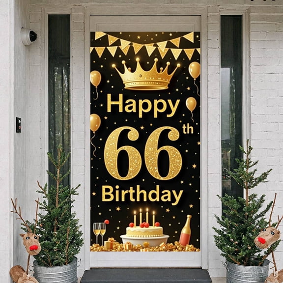 Golden Theme Happy 66th Birthday Banner Royal Crown Design 66th Birthday Display Gold Balloons Sparkling Stars Birthday Party Backdrop for 66th Birthday Party Family Gathering Indoor Decoration