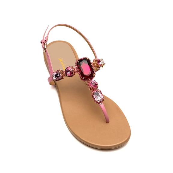 XYD Women Round Open Toe Thong Sandals Buckled Strappy Crystal Studded Flats Summer Vacation Beach Shoes Size 7 Pink