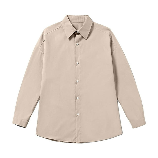 Funicet Man Solid Color Long Sleeve Shirt Workwear Button Lapel Blouse