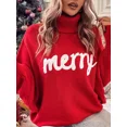thumbnail image 1 of Suéteres alegres para mujer, jersey de punto suelto con cuello alto y manga larga con estampado de letras, suéter de Feliz Navidad, 1 of 1