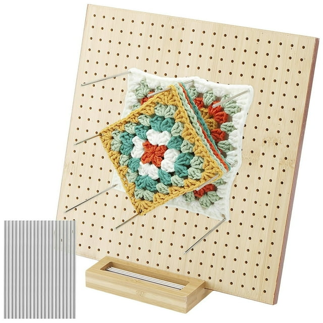 9.8/11.4inch Crochet Blocking Board with 20 Steel Rod Bamboo Wooden Blocking Board with Base Reusable Granny Square Blocking Board for Beginner Knitting Lover Crocheting Projects