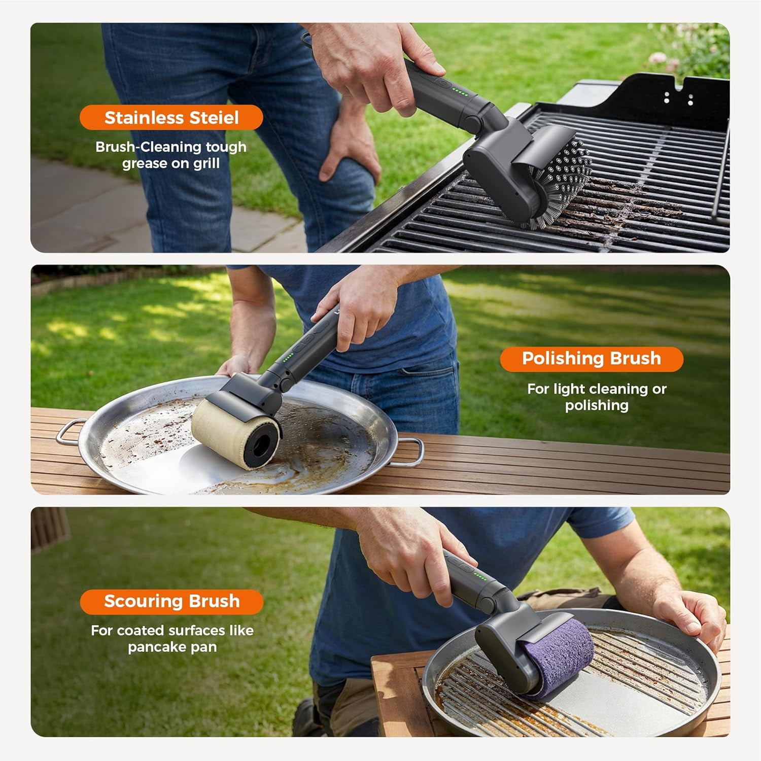 Electric Grill Brush for Outdoor, 2026 TikTok BBQ Grill Cleaner with 3 Heads, 3-Speed & Angle Adjust Cordless Rotary Grill Brush, 150Mins Runtime Grill Cleaning Brush for Barbecue Grates