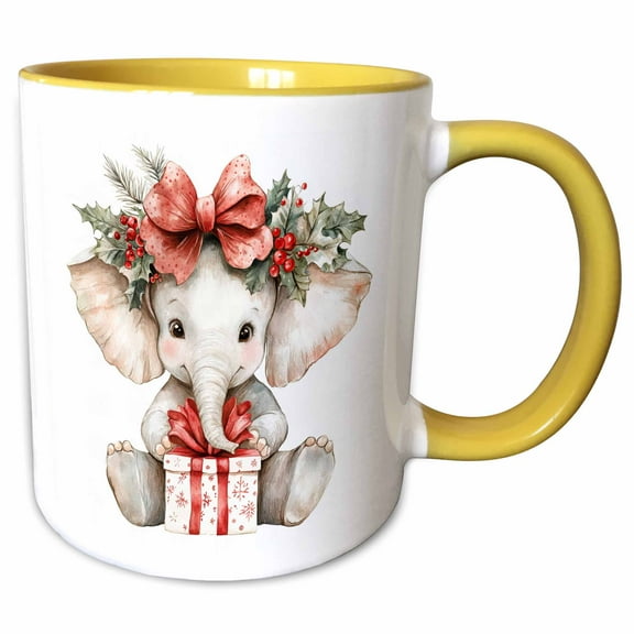 3drose, Cute Christmas Elephant with Gift, 15oz Two-tone Yellow Mug