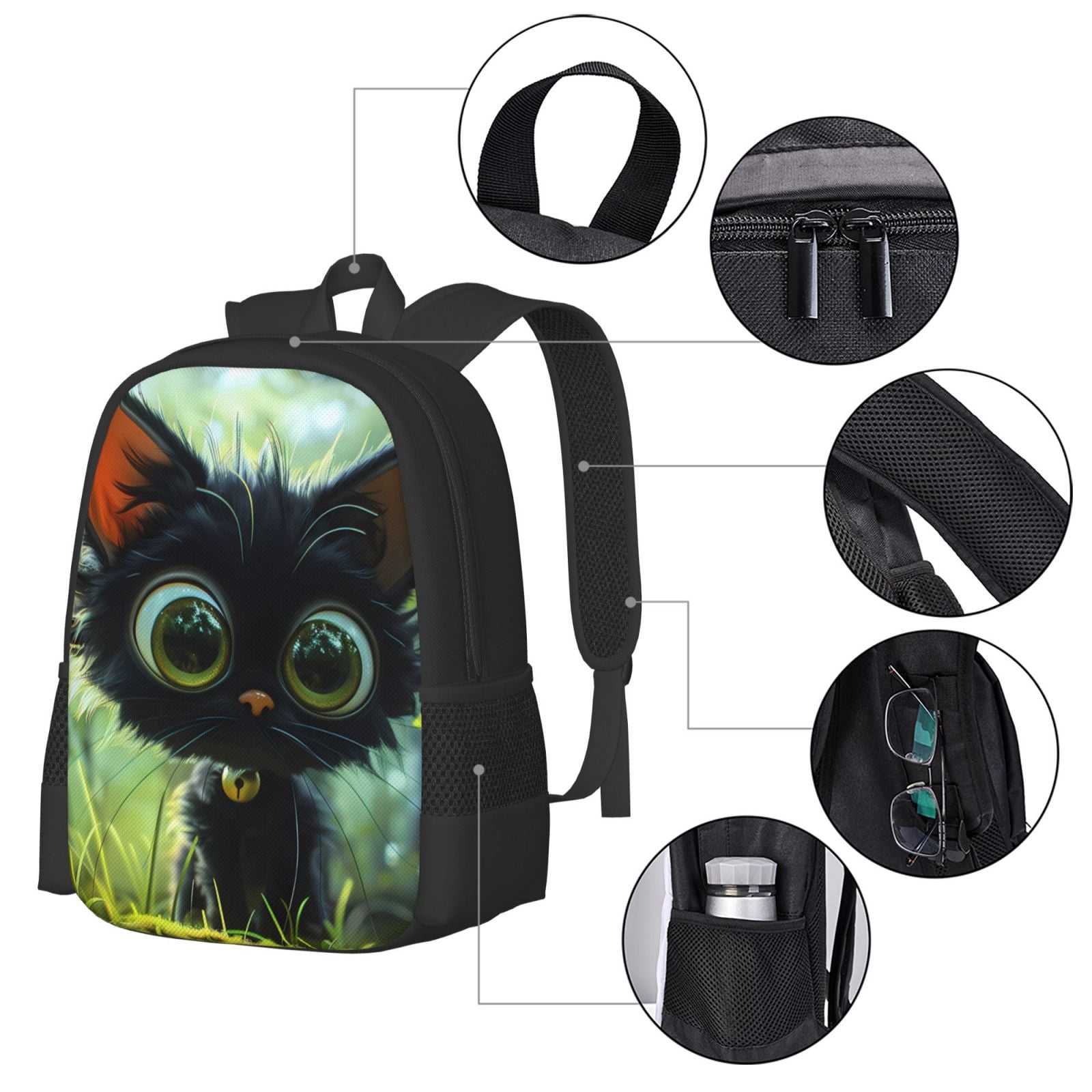 Ratiio Cute Big-Eyed Black Cat Backpack for Men and Women - Durable 600D Oxford Cloth -Large Capacity, Water-Resistant School, Travel, and Hiking Bag