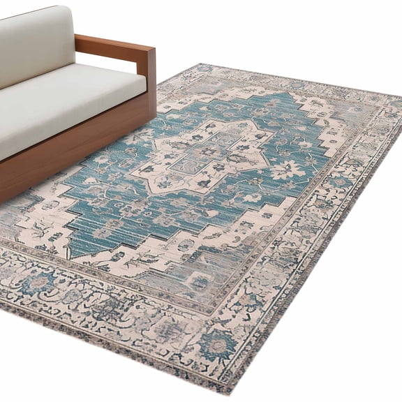 Boho Blue Area Rug 3x5 FT, Non Slip Entryway Bedside Carpet, Southwestern Boho Geometric Abstract Art Washable Soft Floor Carpet Indoor Mat Non-Shedding Throw Rug for Dorm Kitchen Home Office