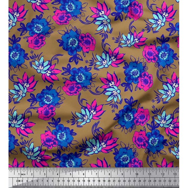 Soimoi Moss Georgette Fabric Leaves,Cosmos & Anemone Floral Print Fabric by the Yard 42 Inch Wide