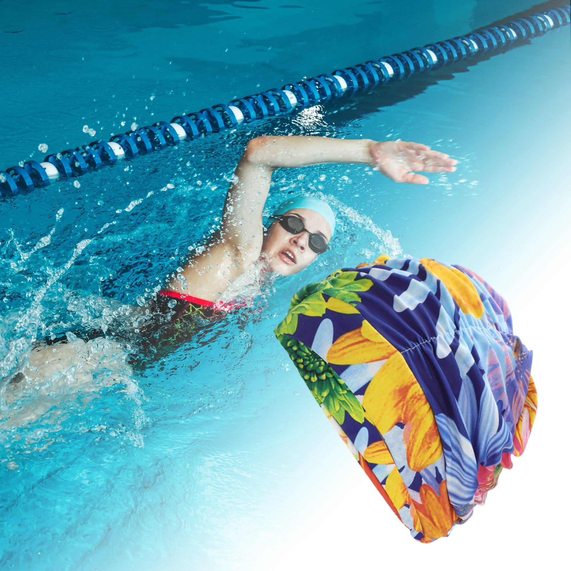 Unique Bargains 1Pc Breathable Pleated Style Swimming Cap Blue Green