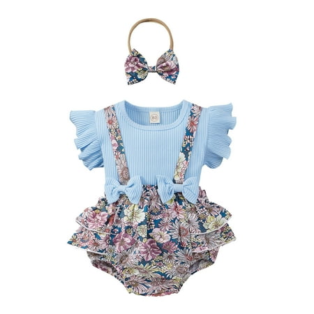 

AIMAOMI Toddler Baby Girls Solid Tops+Floral Printed Suspender Shorts Outfits H