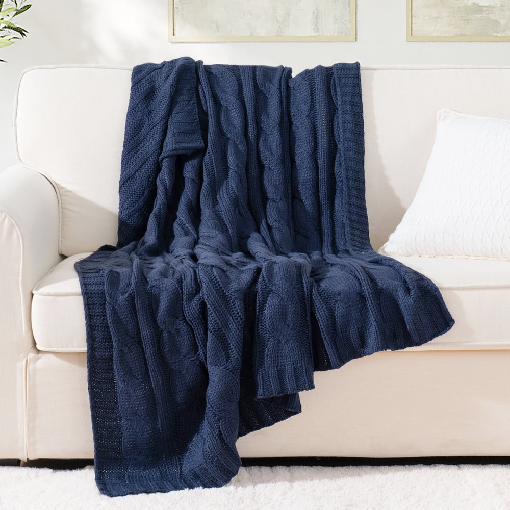 Battilo Navy Cable Knit Blankets,Herringbone Cozy Decorative Knitted Throw,Housewarming Gifts,50"x60"