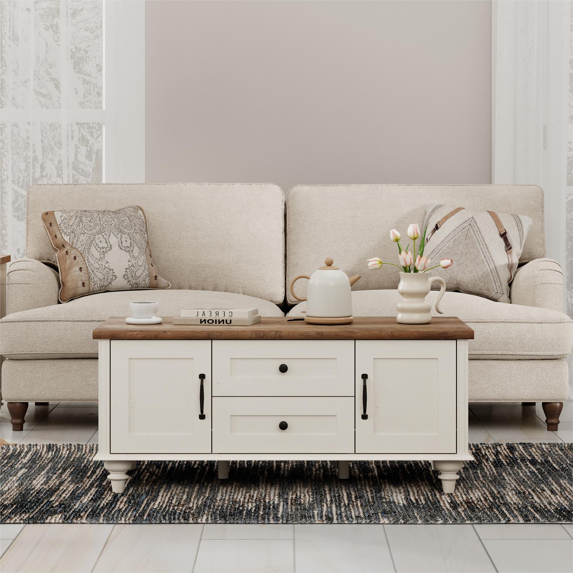 Farmhouse Coffee Table with Storage Cabinet & Drawer, White Center Table for Living Room