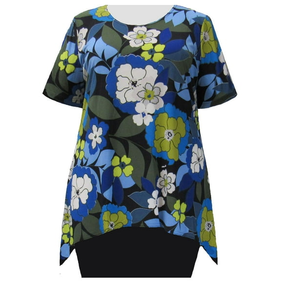 A Personal Touch Women's Plus Size Short Sleeve Round Neck Sharkbite Hem Pullover Top - Blue Peony - 3X