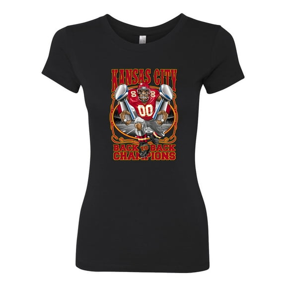 Wild Bobby Back To Back Champions Kansas Fan Mascot Sports Women Slim Fit Junior Tee, Black, Small