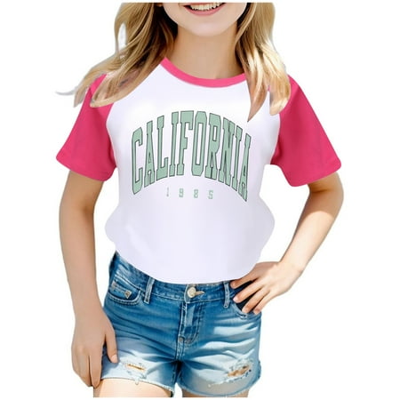 

T-Shirts for Girls Summer Us City Print Raglan Short Sleeve Round Neck Fashion Casual Sports Style Kids T-Shirts