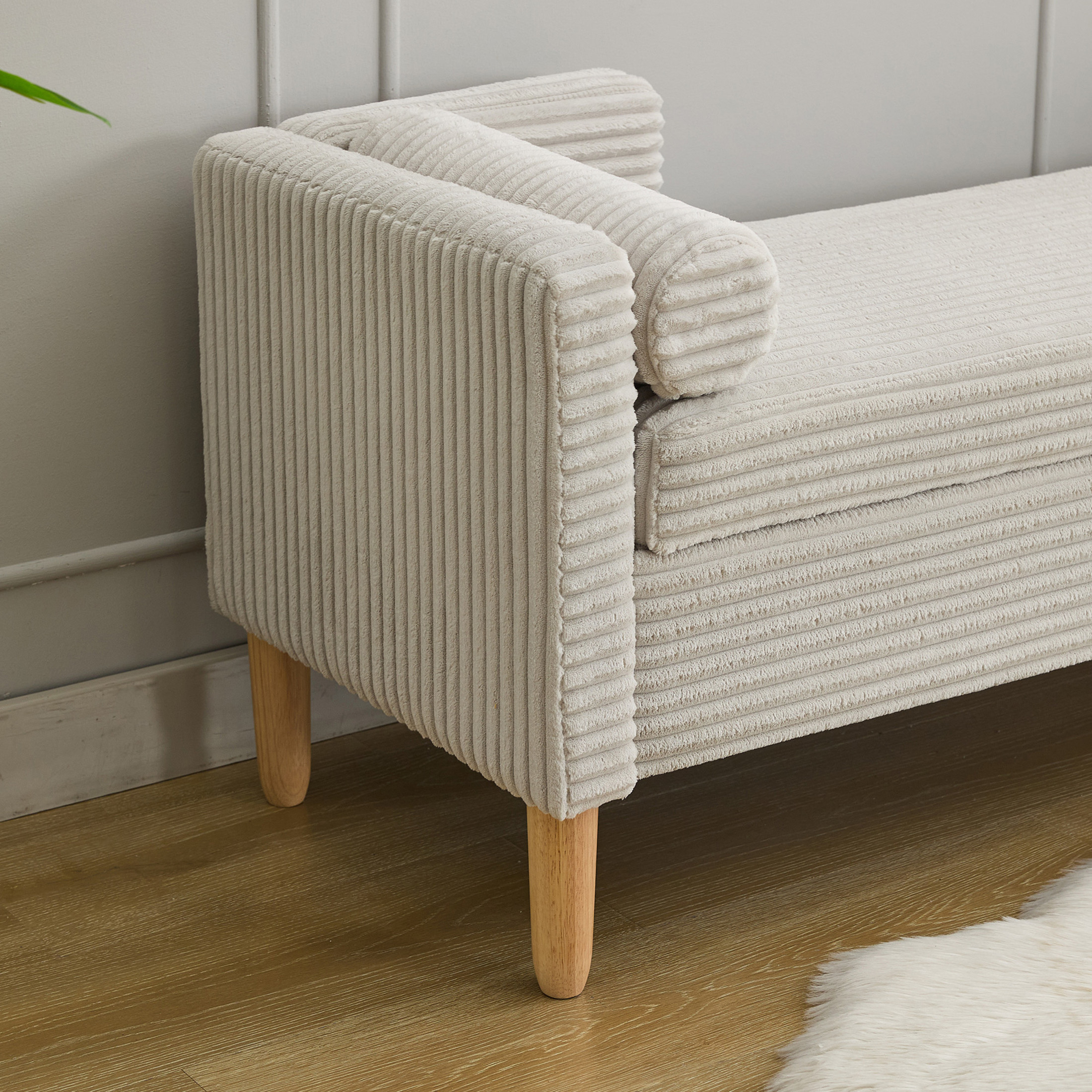 Noble House Delphine 65" Corduroy Storage Bench, Upholstered Seat with Bolster Pillows for Bedroom, Entryway, Light Gray