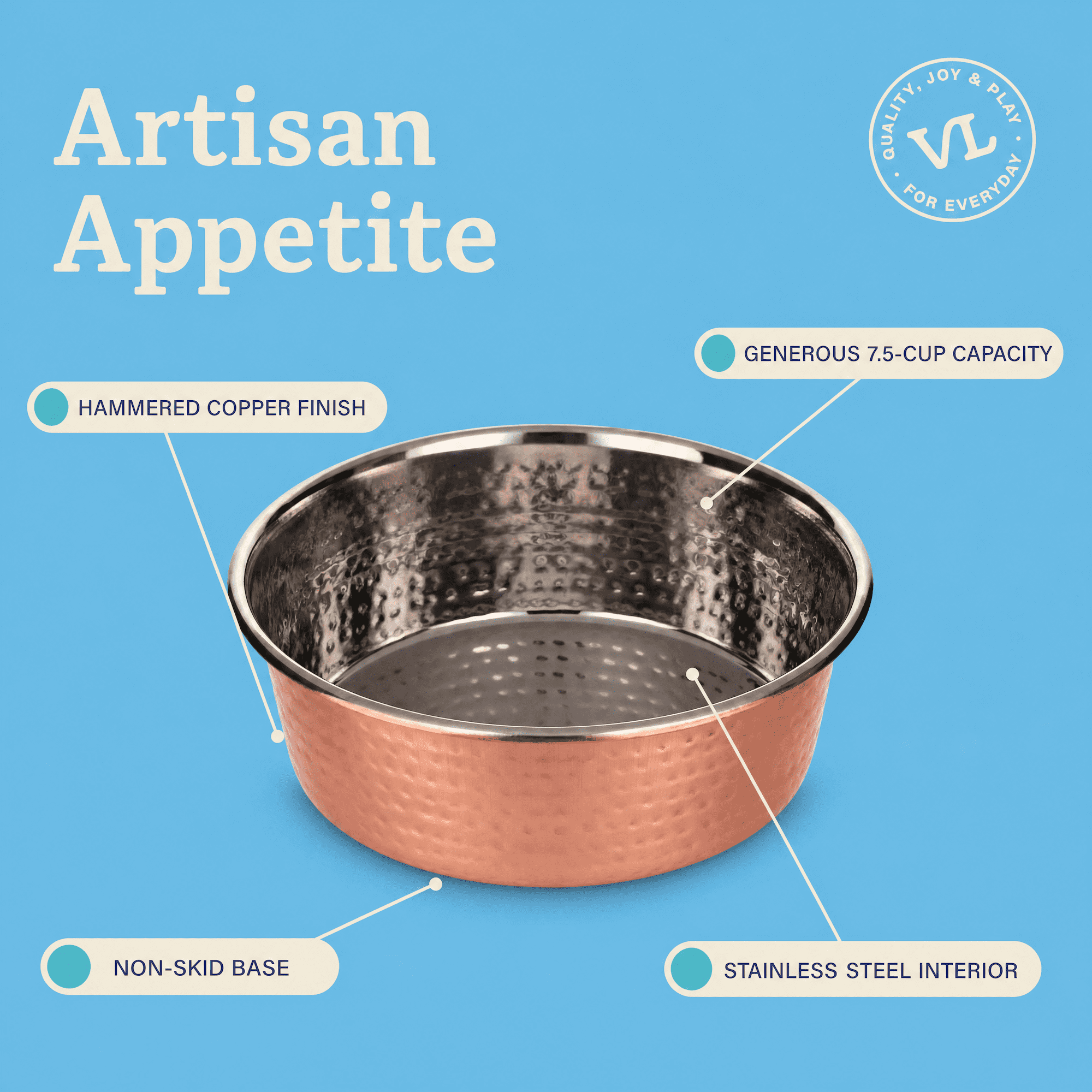 Vibrant Life Large 7.5-Cup Hammered Copper Pet Bowl with Stainless Steel Interior