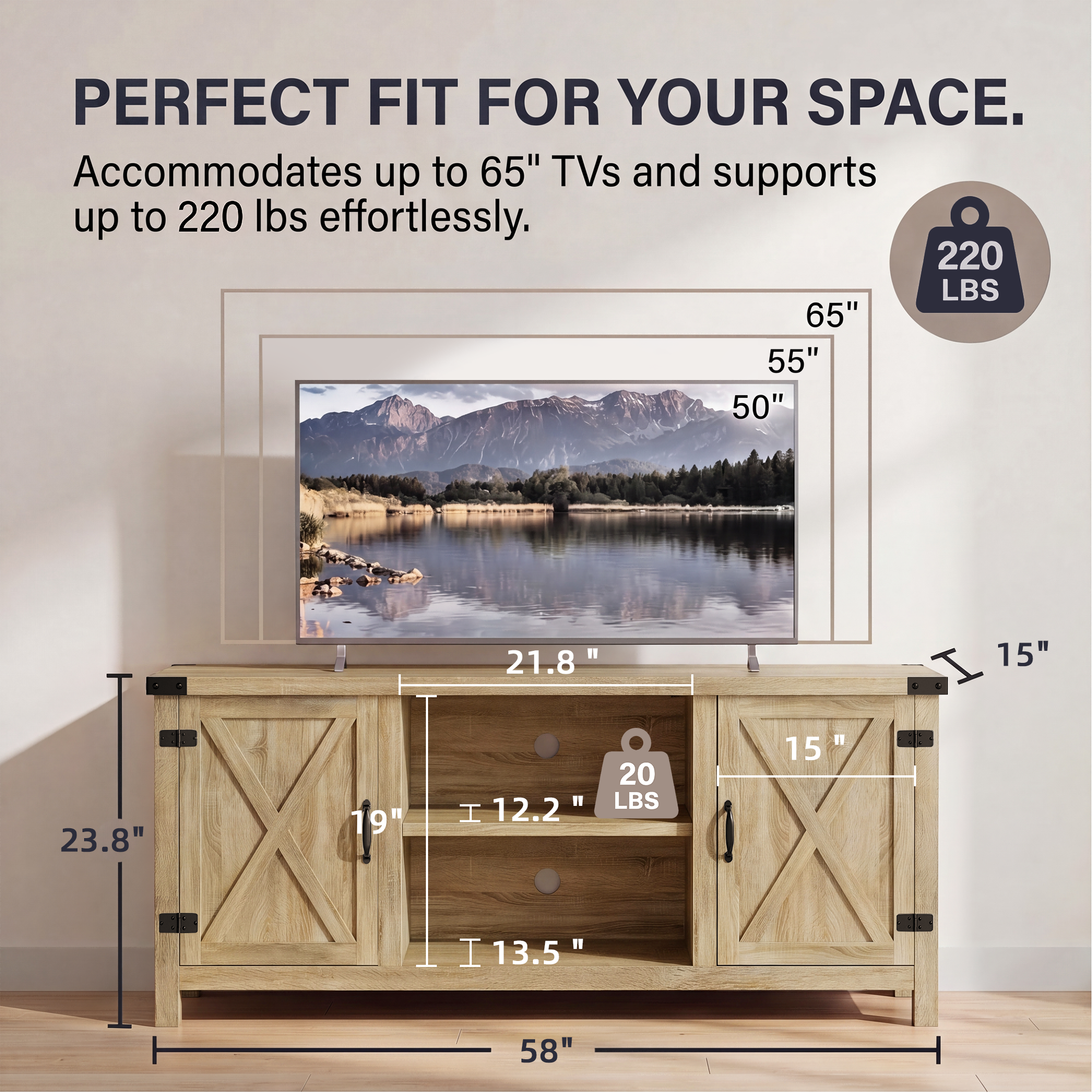 Homall Farmhouse TV Stand for 65", Oak Wood photo 4