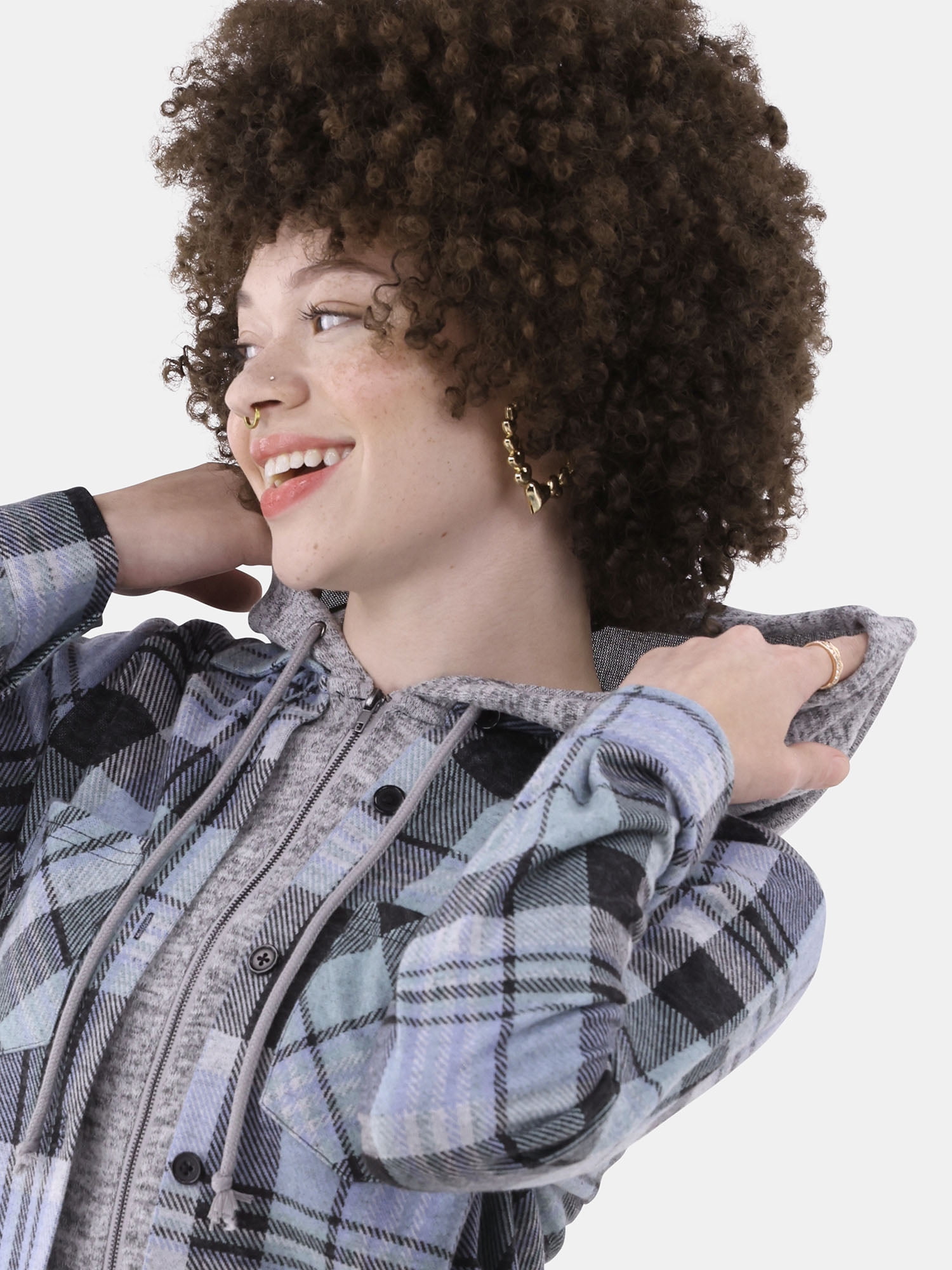 No Boundaries Plaid Button Down Shirt, Women's