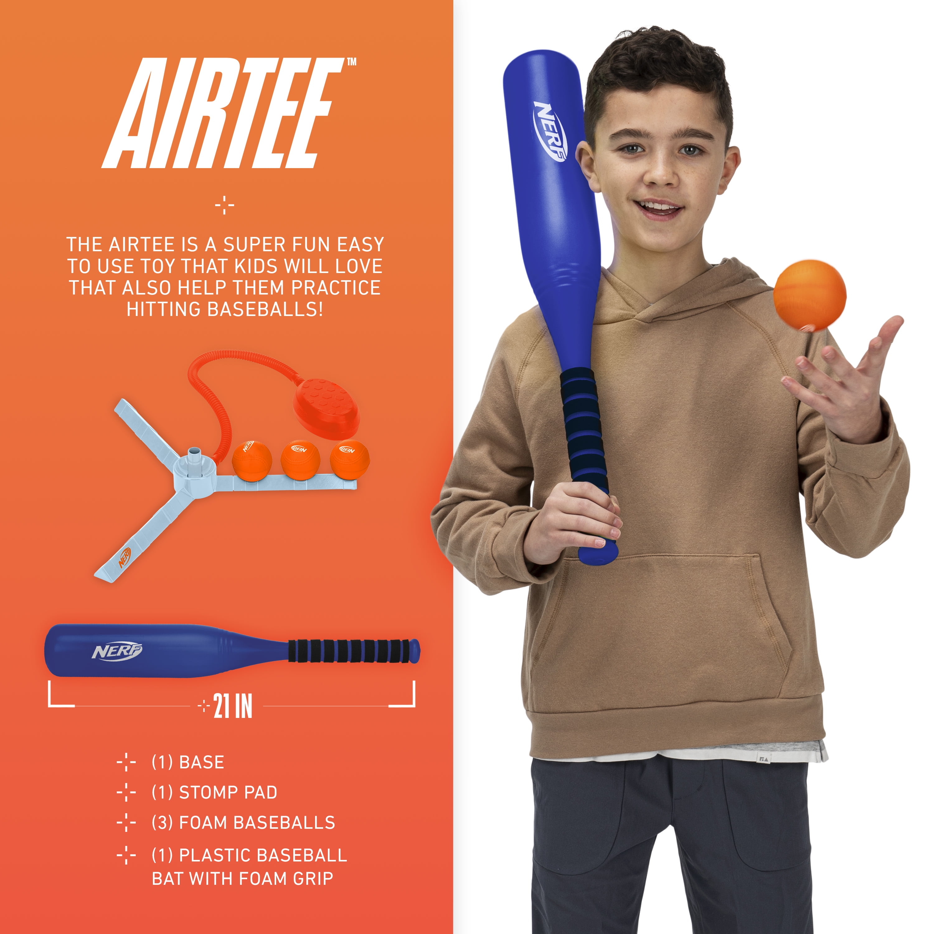 NERF Airtee Baseball Tee - Baseball Stomp Launcher - Includes 21" Plastic Bat & Foam Balls - Outdoor