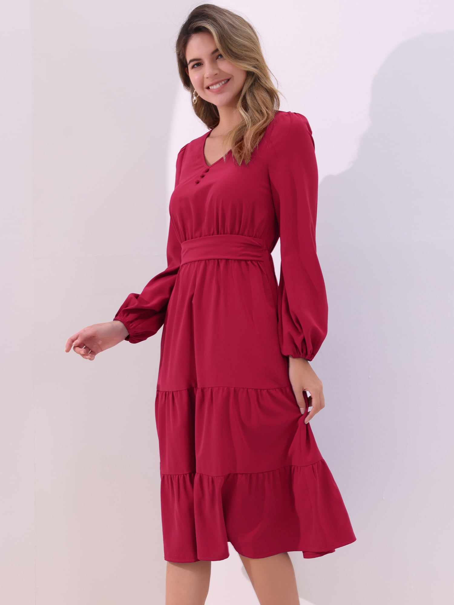 DARING DIVA V Neck Long Sleeve Ruffle Flowy Midi Dress M Dark Red