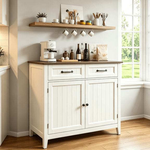 Asofer Buffet Cabinet, Sideboard Buffet Cabinet with Storage, Kitchen Cabinet with 2 Drawers and 2 Doors, for Kitchen, Dining Room, Retro