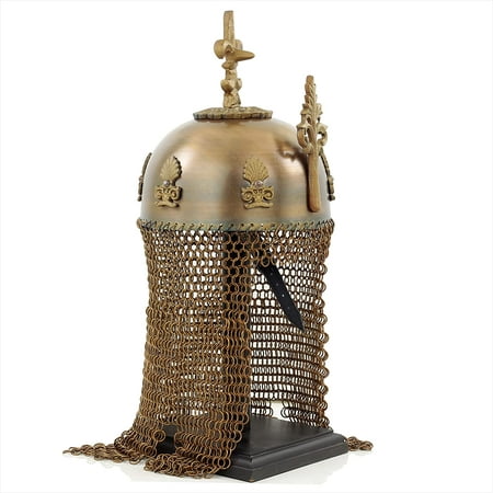 "Golden Chain Mail Indian Traditional King Helmet With Black Base | Indian Styled Soldier Warrior Armour Helmet (Mughal-E-Azam) with Spiked Tip (Antique Bronze)."