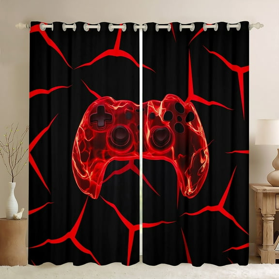 Homewish Gamer Gaming Black Out Curtains,Modern Geometric Hockeycomb Curtains Pack of 2 (42x63 Each),Red Gamepad Bedroom Curtains For Boys Teens,Microfiber Bedroom Decor