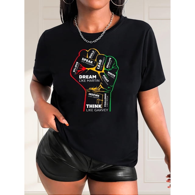 T-Shirt Décontracté pour Femmes avec Poing Coloré et Impression de Lettres - Col Rond, Manches Courtes, Polyester Respirant - Parfait pour Printemps/été/automne, Noir, Fête des Pères Afro-Américains, Fête des Mères