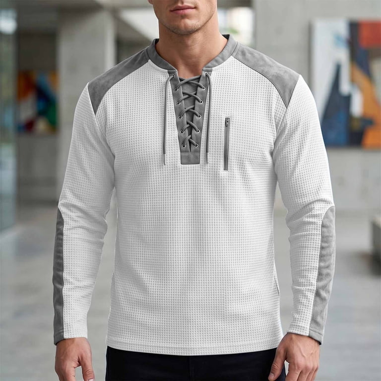 JUUYY Men's Waffle Henley Shirts Lace-Up V Neck Long Sleeve