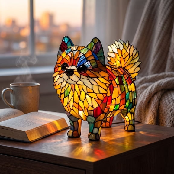 Halloween Decorations Ghost Decor, Stained Glass Style Pomeranian Resin Figurine Lamp, Multicolor Glowing Night Light Statue With LED Illumination for Dog Lover, Bedroom