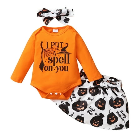 

Girls Long Sleeve Letter Prints Romper Bodysuits Pumpkin Skirt Headbands Outfits Sports Outfits for Kids