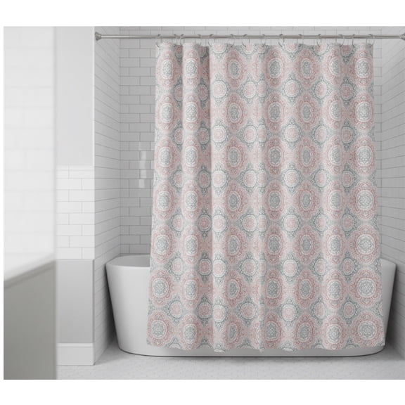 Serafina Home Coral, White And Grey Fabric Shower Curtain: Ornate Medallion Design
