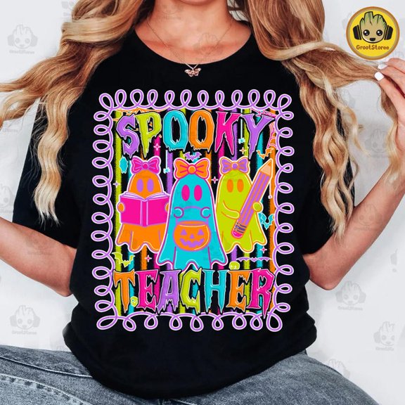 Trendy Neon Spooky Teacher T-Shirt, Retro Boo Ghost Halloween Tee, Bright Fall Aesthetic Shirt, Cute Neon Ghost Graphic for Educators