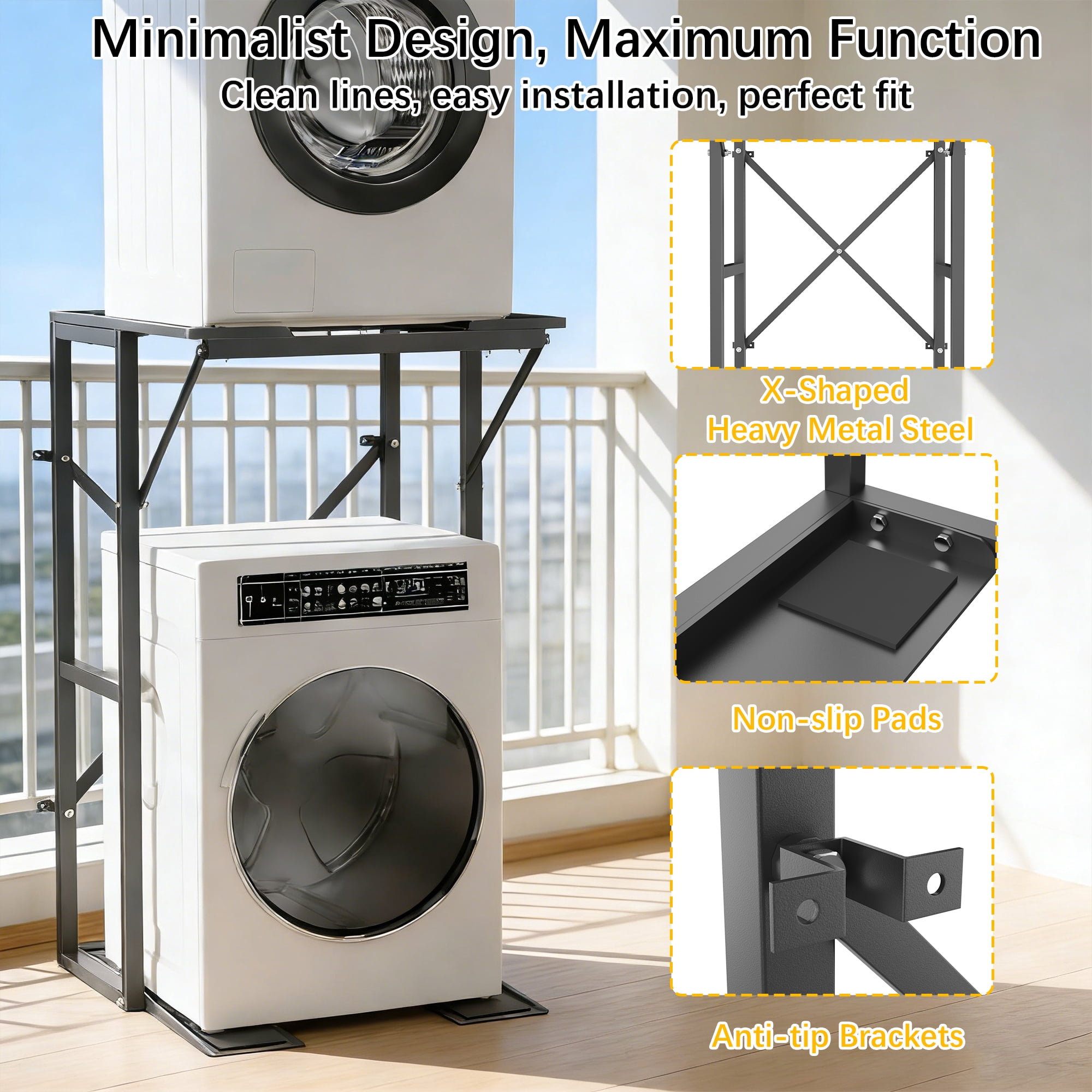 YOHKOH Heavy-Duty Steel Washer Dryer Stacking Stand – Portable Rack with Anti-Tip & Non-Slip, Universal Fit for Most Washers & Dryers (26.8"W x 19.8"D x 52"H)