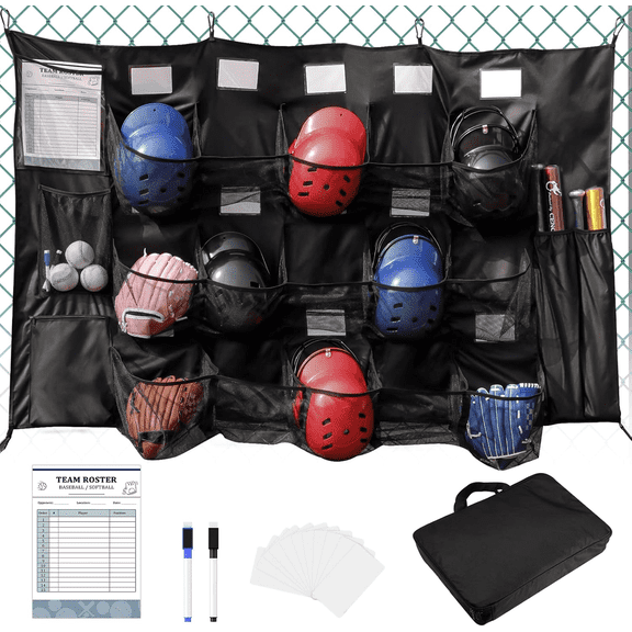 Hanging Helmet Bag for Baseball Softball Team, Helmet Organizer for Dugout Fence Garage, Hold Up to 15 Players Helmets 4 Bats with Name Cards Roster Line Up, Black