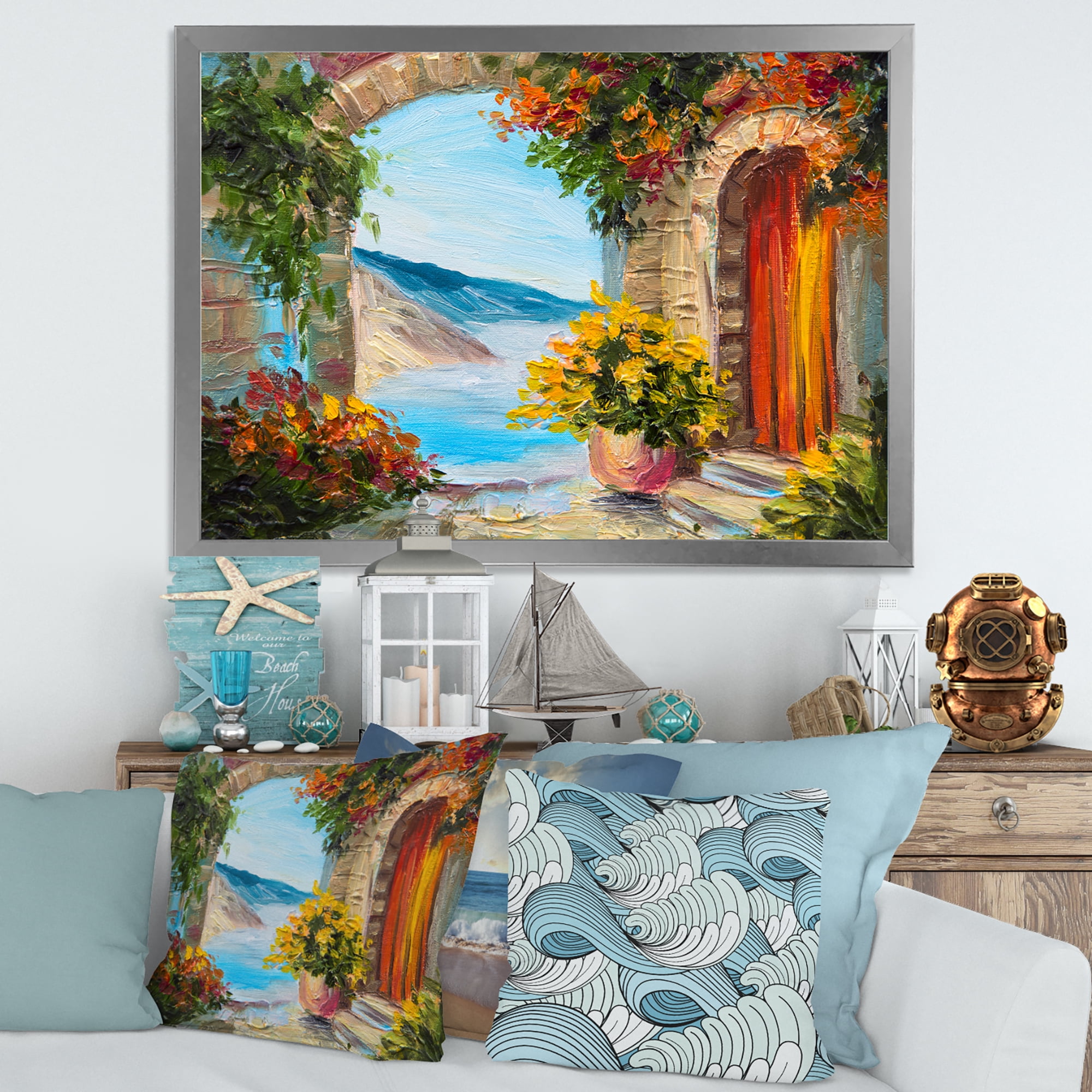 Designart 'House With Colorful Flowers Near The Sea Summer Season' Nautical & Coastal Framed Art Print
