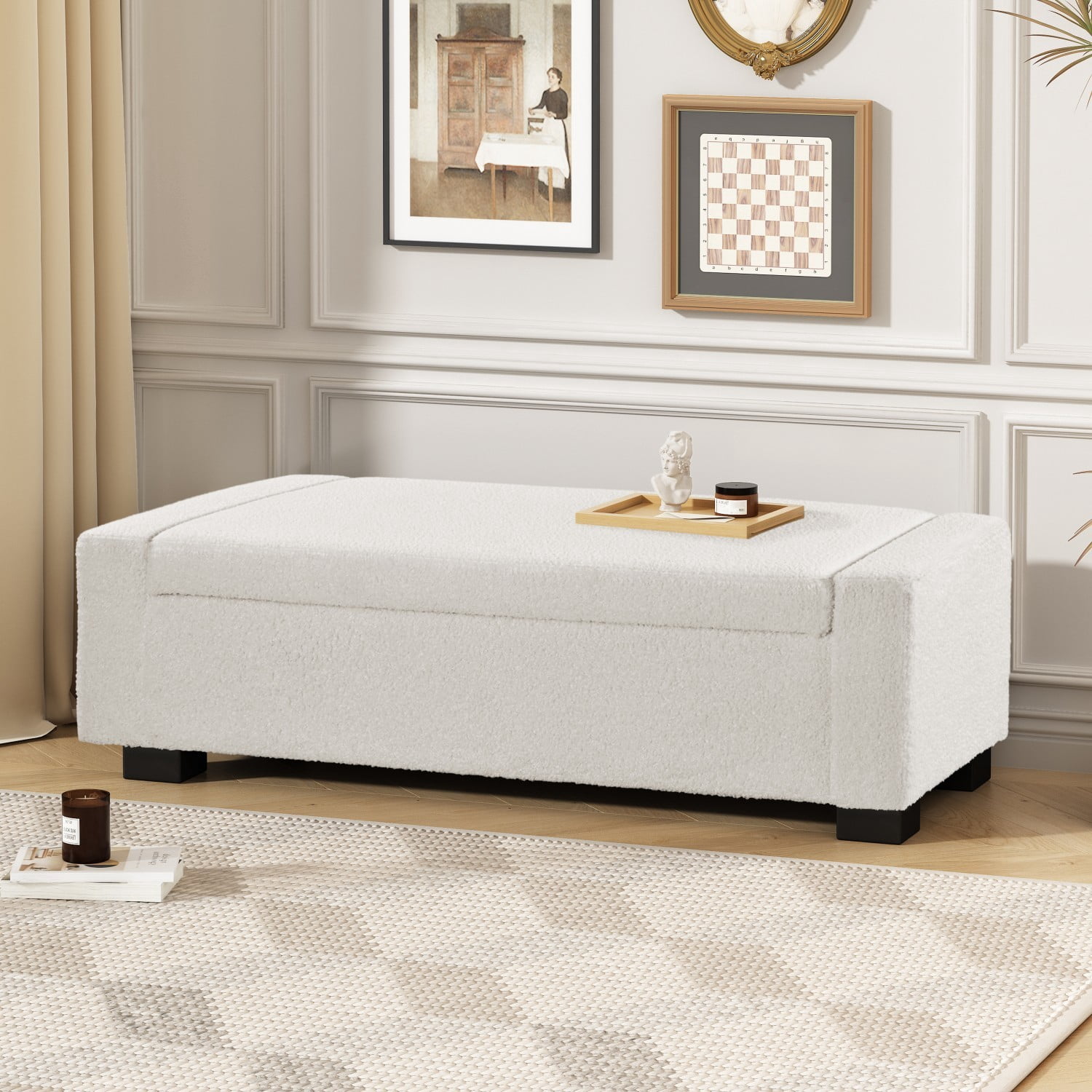 50" Storage Ottoman Bench with Hinged Lid, Upholstered Rectangular Bench with Hidden Storage, Entryway Bench, Bedroom Seating, Footrest, Beige