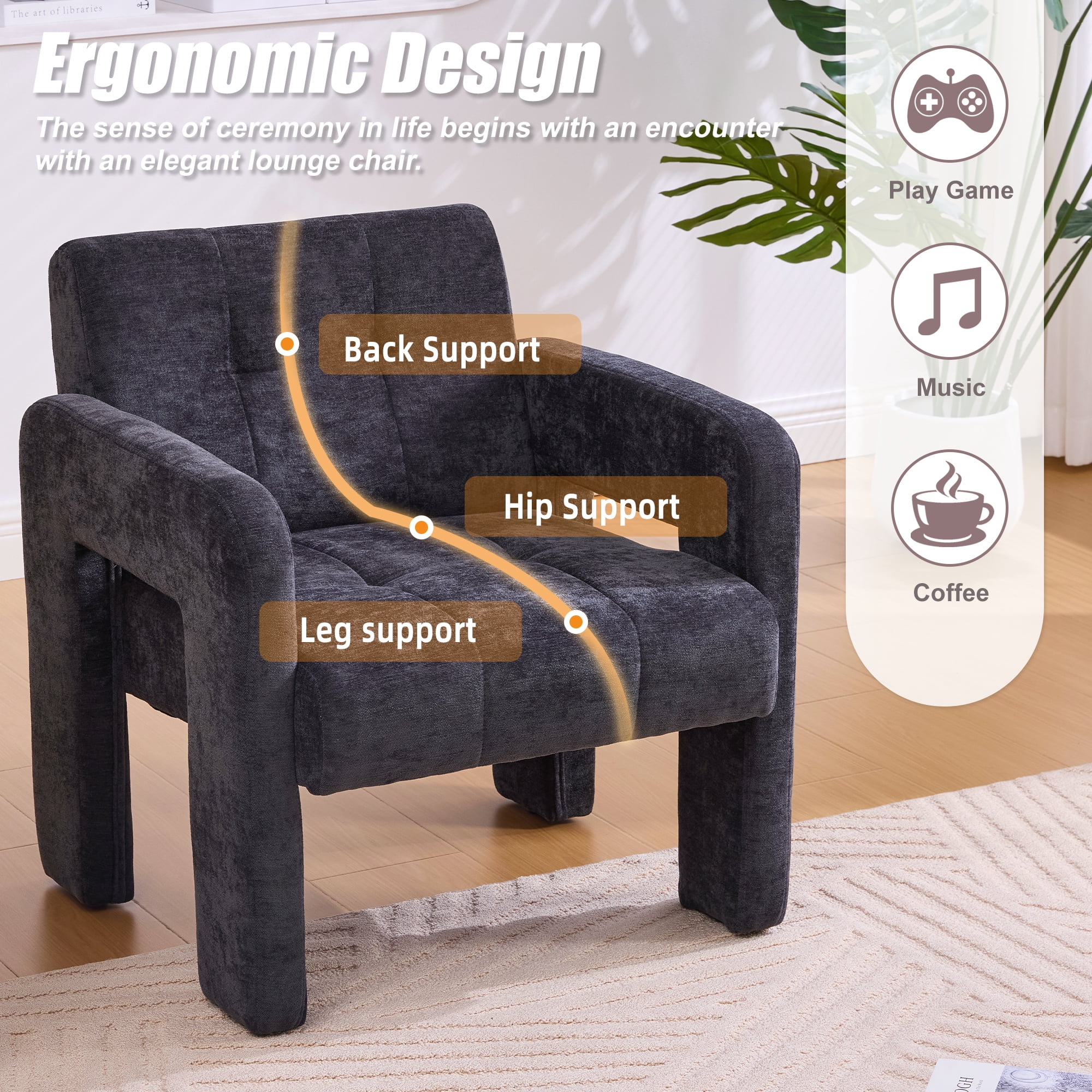 Armchair, Accent Chair, Upholstered Lounge Chair with Plush Chenille Fabric, High-Density Foam Cushion and Modern Minimalist Design, for Living Room Bedroom, Black