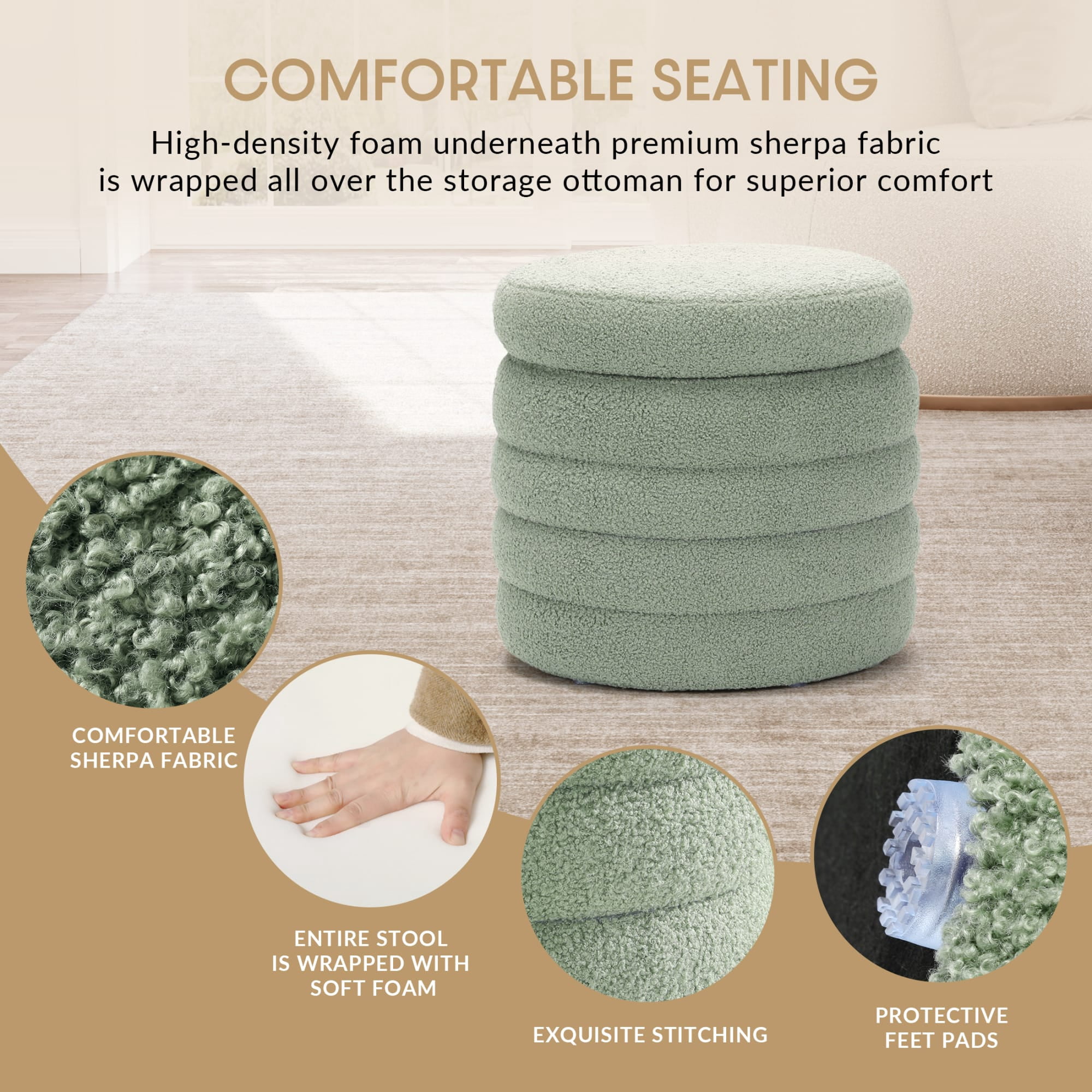 WestinTrends Alexandria Mid-Century Modern Faux Sherpa Round Storage Ottoman, Ice Green