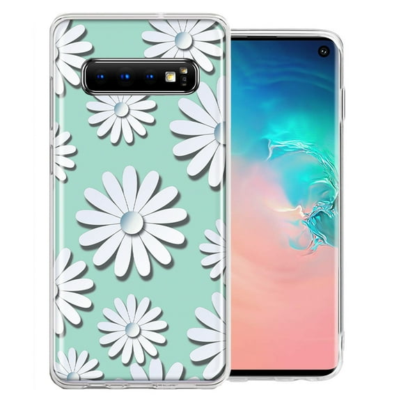 MUNDAZE For Samsung Galaxy S10 White Teal Daisies Design Double Layer Phone Case Cover