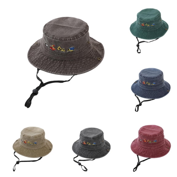 Oiyii Toddler Boy’S Vintage Denim Sun Hats Truck‑Embroidered Upf 50 Bucket Hats, Coffee