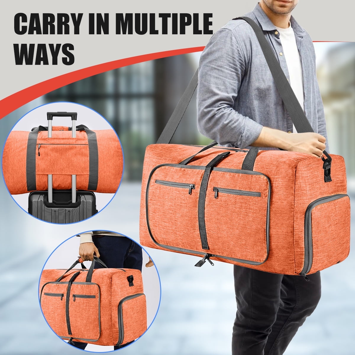 DAKOMM Travel Duffle Bag, 65L Foldable Weekender Bags for Women with Shoe Compartment, Carry on Overnight Bag for Men Women, 24" Gym Travel Bag Water Repellent & Tear Resistant, Orange