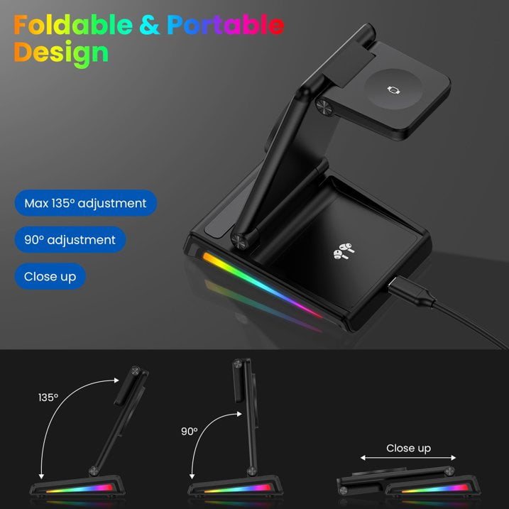 Wireless Charger,HopePow 5 in 1 Portable Fast Magnetic Wireless Charging Stand Dock Watch Charging Station for Multiple Devices FCC Approved