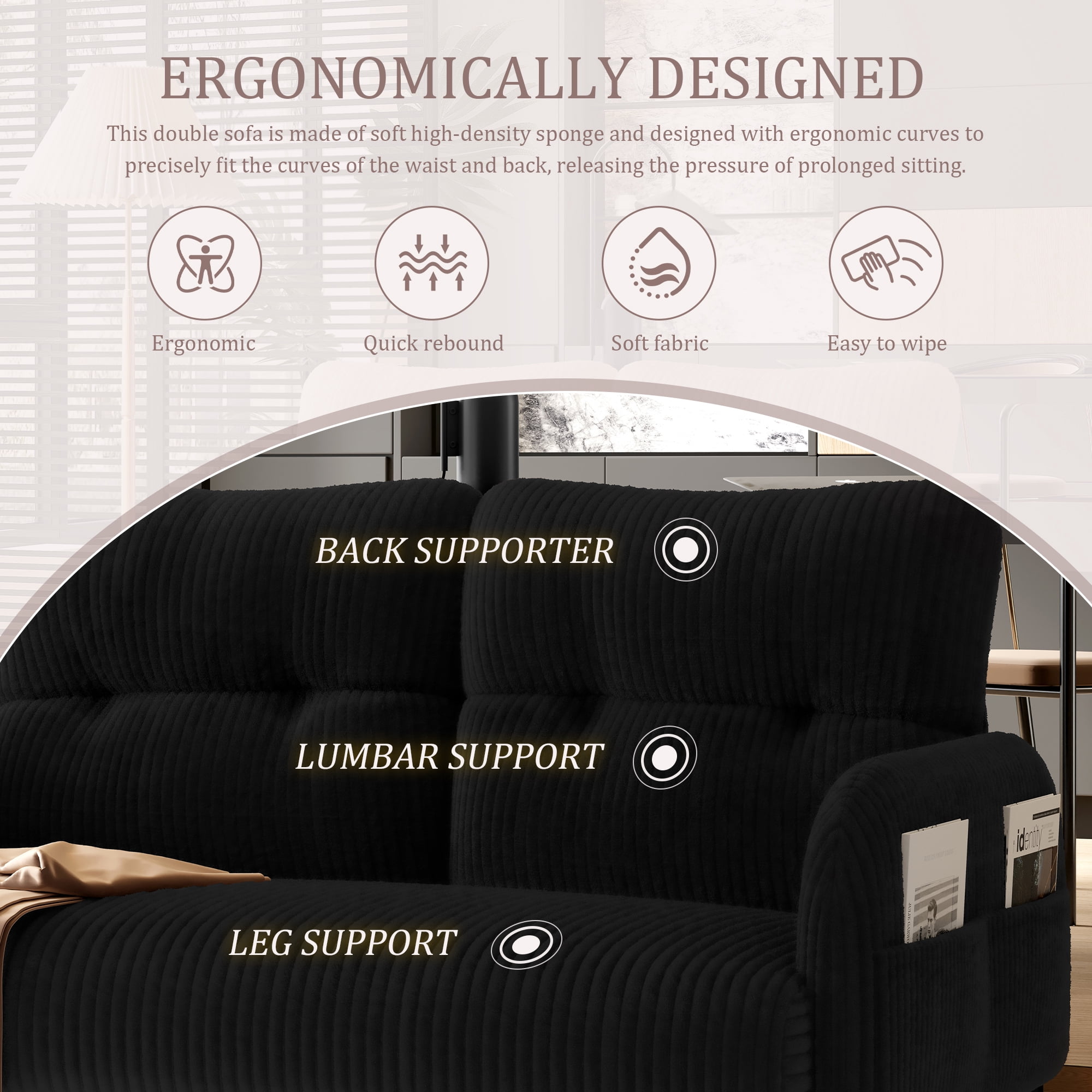 MOONMISS Corduroy Upholstered Tufted Comfortable Wood Frame Loveseats Sofa with Double Side Pocket-Black