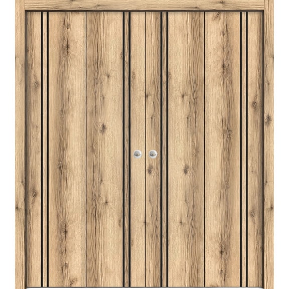 Sliding Closet Double Bi-fold Doors | Planum 0016 Oak with Frosted Glass | Sturdy Tracks Moldings Trims Hardware Set | Wood Solid Bedroom Wardrobe Doors