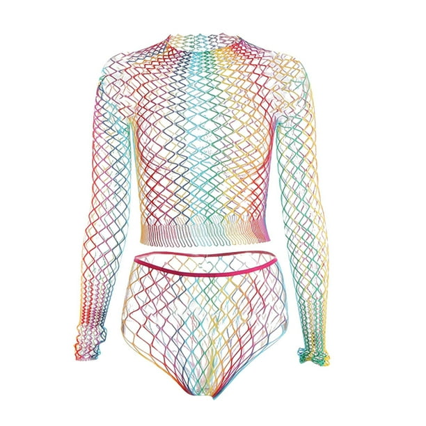 Lolmot Ladies Cool Girl Hollow Perspective Rainbow Net Hollow Beach Fishing  Net Sexy Net Clothes 