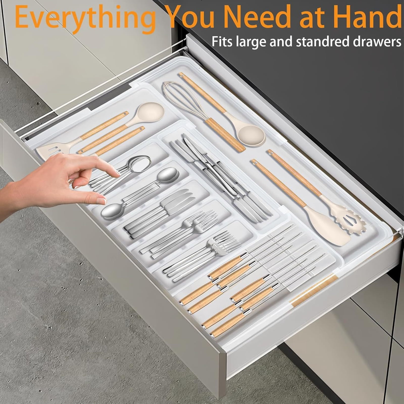 Djiypn Large Silverware Organizer, Expandable Utensils Drawer Organizer for Kitchen Drawers, Kitchen Drawer Organizer for Spoons/Forks/Knives, Multipurpose & BPA Free Cutlery Tray, Gray, 1 Pack