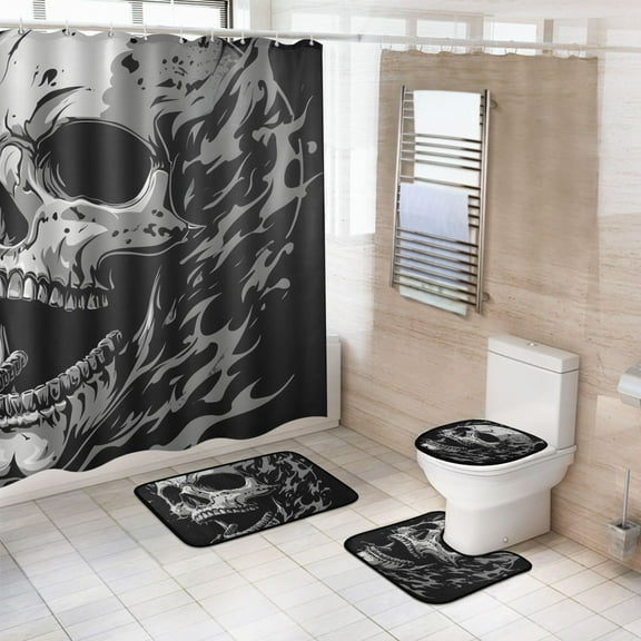 Ryvnso 4 Pcs Cool Funny Skull Bathroom Shower Curtain Set with 12 Hooks Bath Mat Toilet Lid Cover